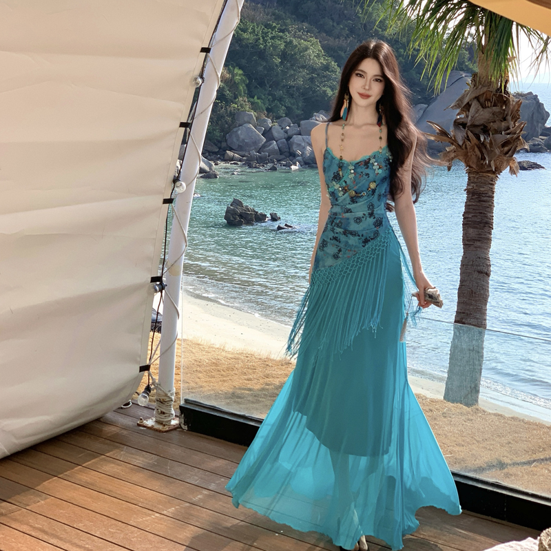 Peacock Blue Sleeveless A-Line Long Dress for Women Summer Beach Vacation