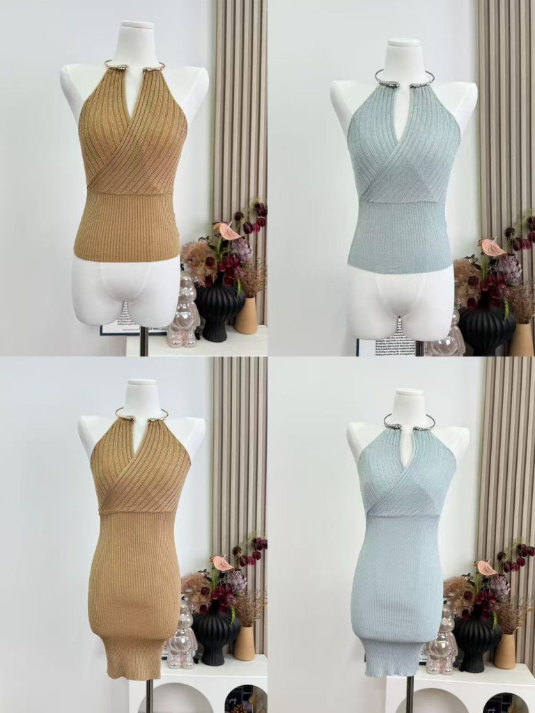 Shirley Metallic Halter Knit Sexy Top Summer Light Luxury Women