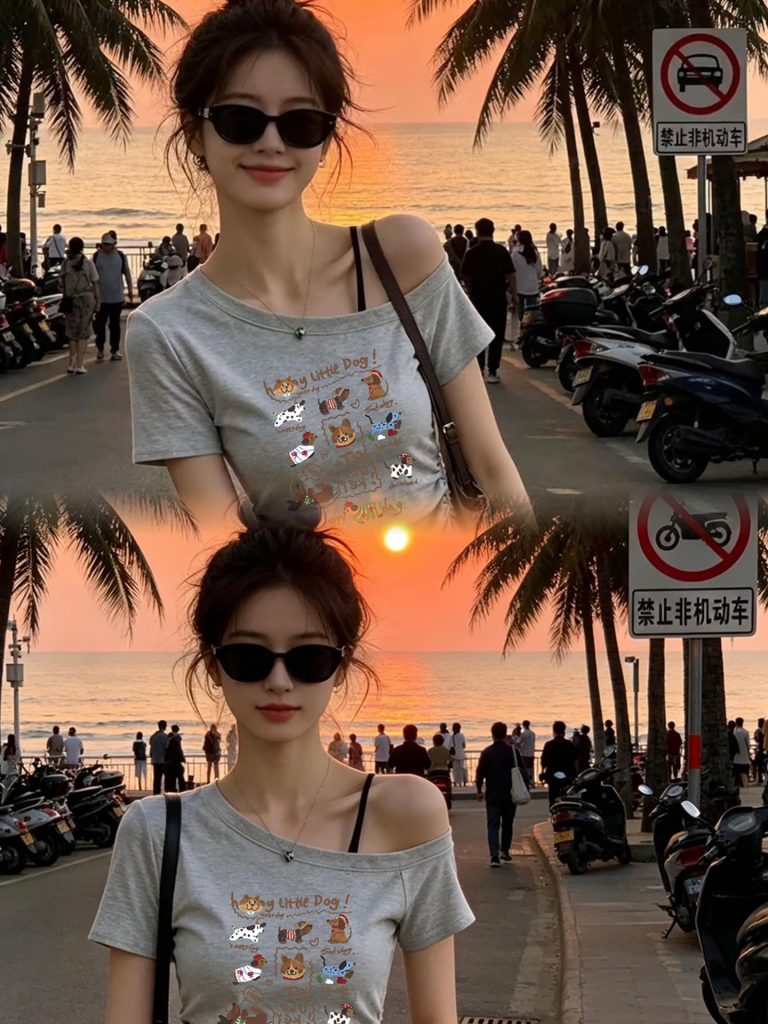 Women's Gray One-Shoulder Print Short-Sleeve T-Shirt 2026 Summer Casual Top