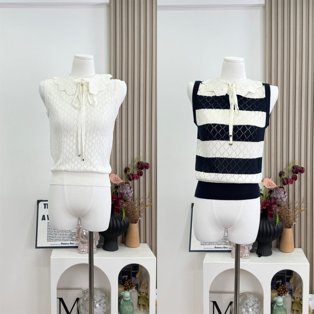 Women's Sleeveless Knit Top with Ruffle Collar and Tie Striped Jacquard
