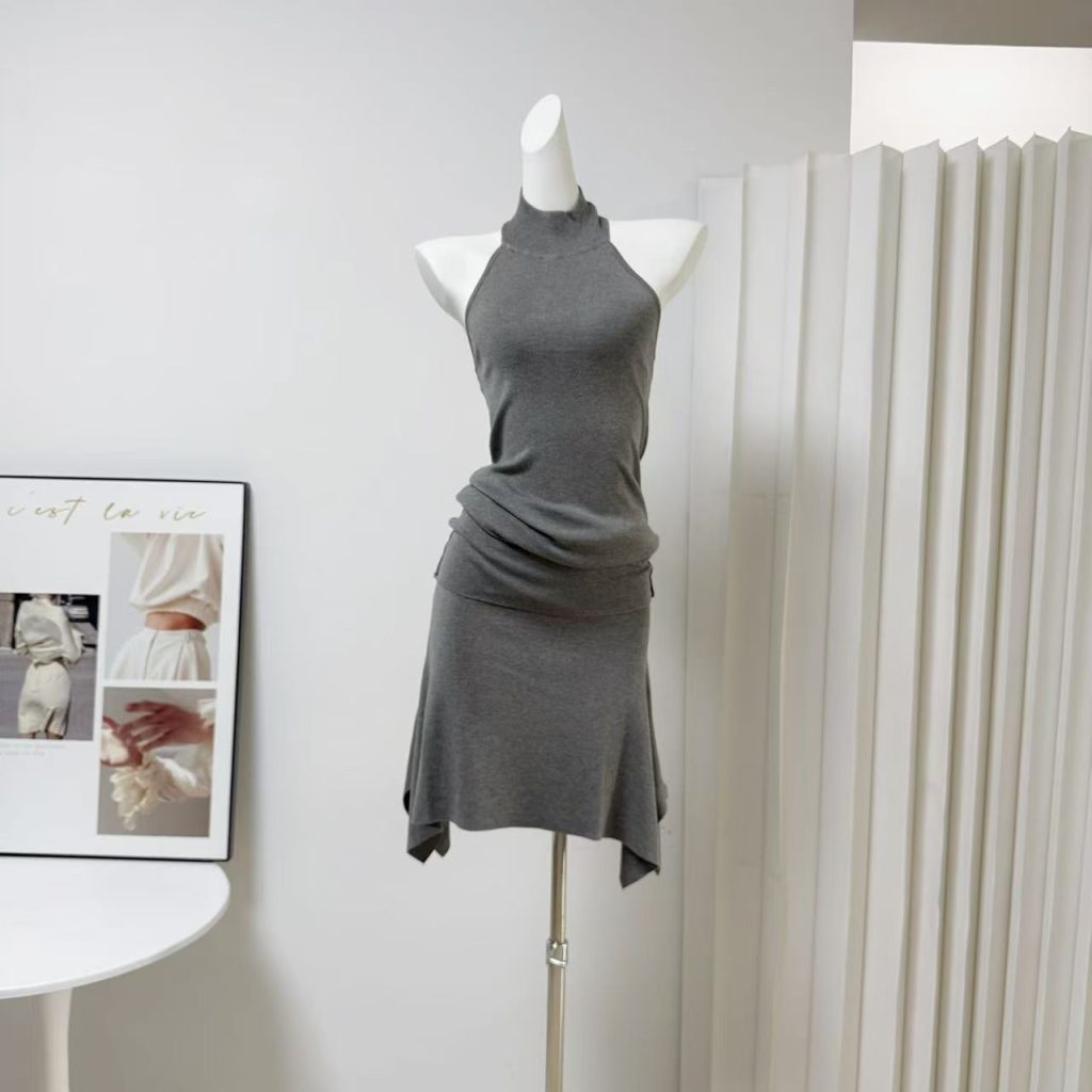 Gray Sleeveless Dress Set Women Summer Thin Mermaid Bodycon Two-Piece