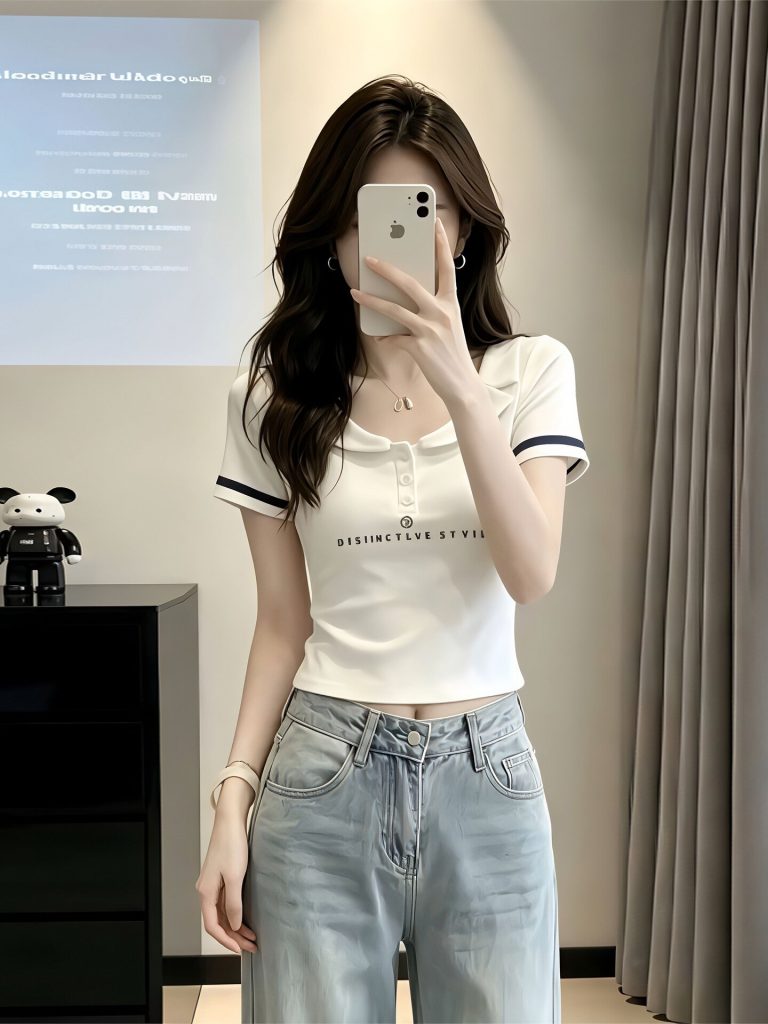 Women's White Slim Fit Polo Neck Short Sleeve T-Shirt 2026 Summer French Style