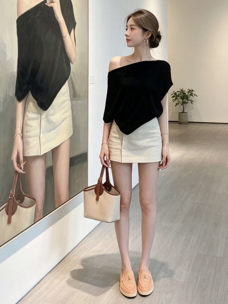 Black One-Shoulder Loose Short-Sleeve T-Shirt for Women 2026 Summer French Style Elegant Top