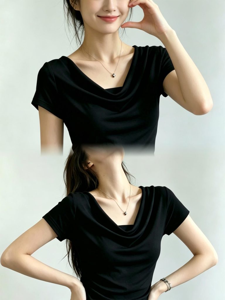 Women's Black Cowl Neck Short Sleeve T-Shirt Summer 2026 Casual Top