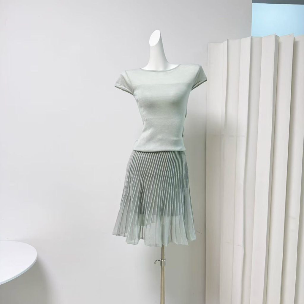 YY Women's High Waist Pleated Knit Skirt Set with Sheer Mesh