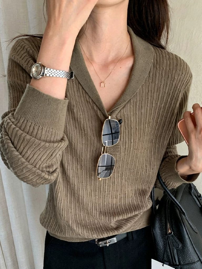 Old Money Ribbed Collared Long Sleeve Knit Sweater for Women Autumn Loose Slimming Top