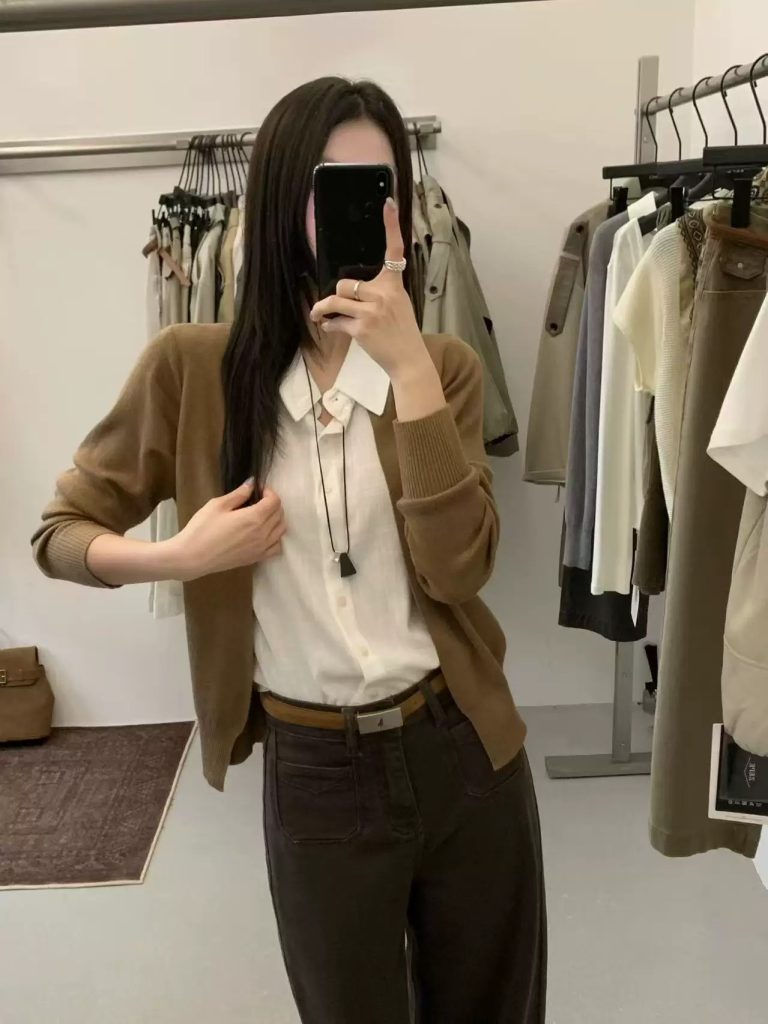 ZEPE Autumn French Preppy Collared Knit Linen Blend Cardigan Women Fake Two Piece Old Money Top
