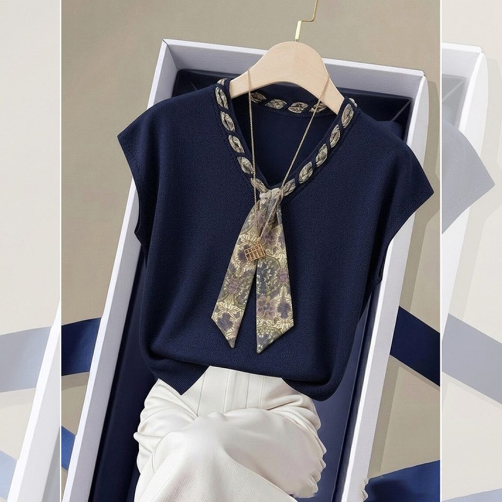 Women's Summer Faux Two-Piece Short Sleeve T-Shirt with Scarf