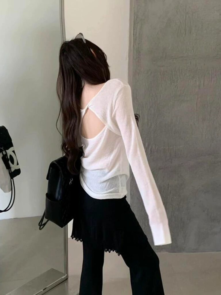 White Back Cutout Lightweight Sun Protection Long Sleeve T-Shirt Women's Early Autumn Design Outer Layer Air Conditioning Cover Top