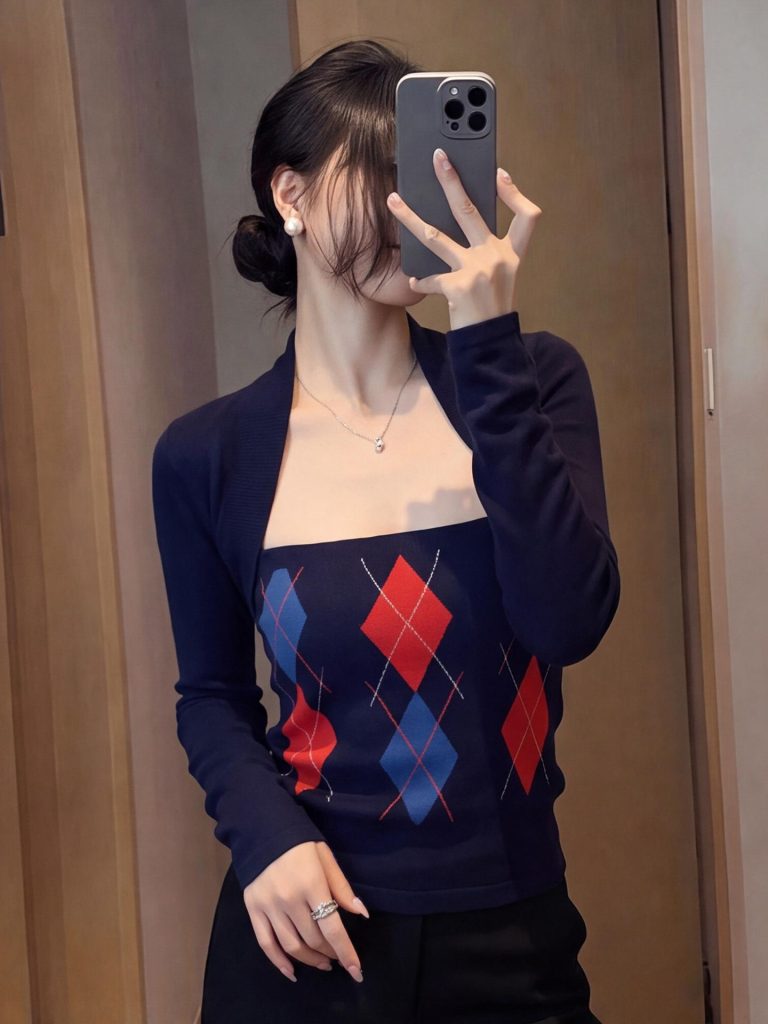 Navy Argyle Faux-Layer Knit Top for Women Fall 2026